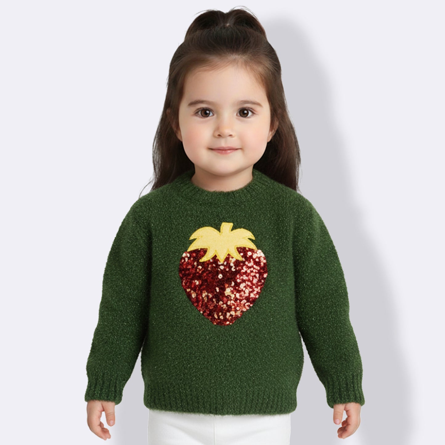 Girls Self Design Round Neck Full Sleeves Sweater Green Color