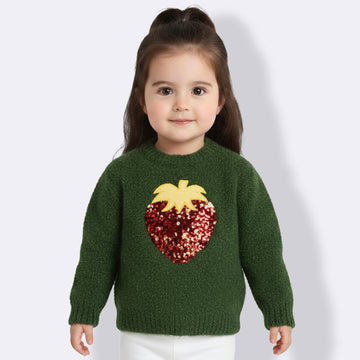 Girls Self Design Round Neck Full Sleeves Sweater Green Color