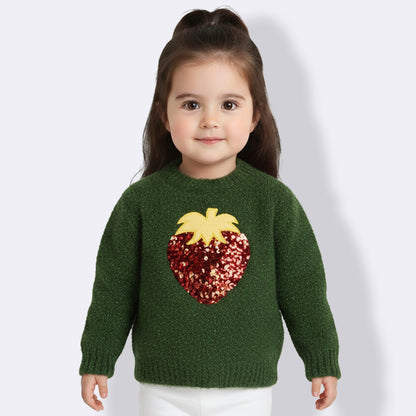 Girls Self Design Round Neck Full Sleeves Sweater Green Color