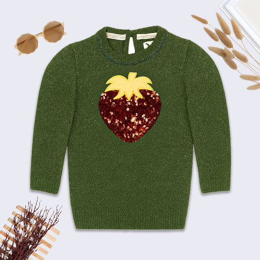 Girls Self Design Round Neck Full Sleeves Sweater Green Color