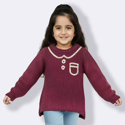 Yellow Apple- Girls Self Design Round Neck Full Sleeves Sweater Maroon Color