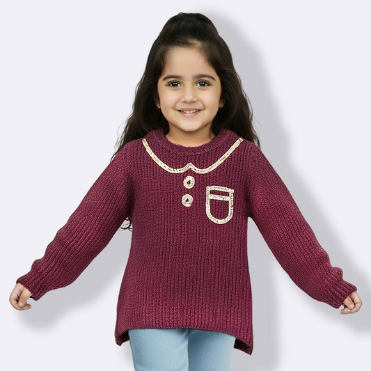 Yellow Apple- Girls Self Design Round Neck Full Sleeves Sweater Maroon Color