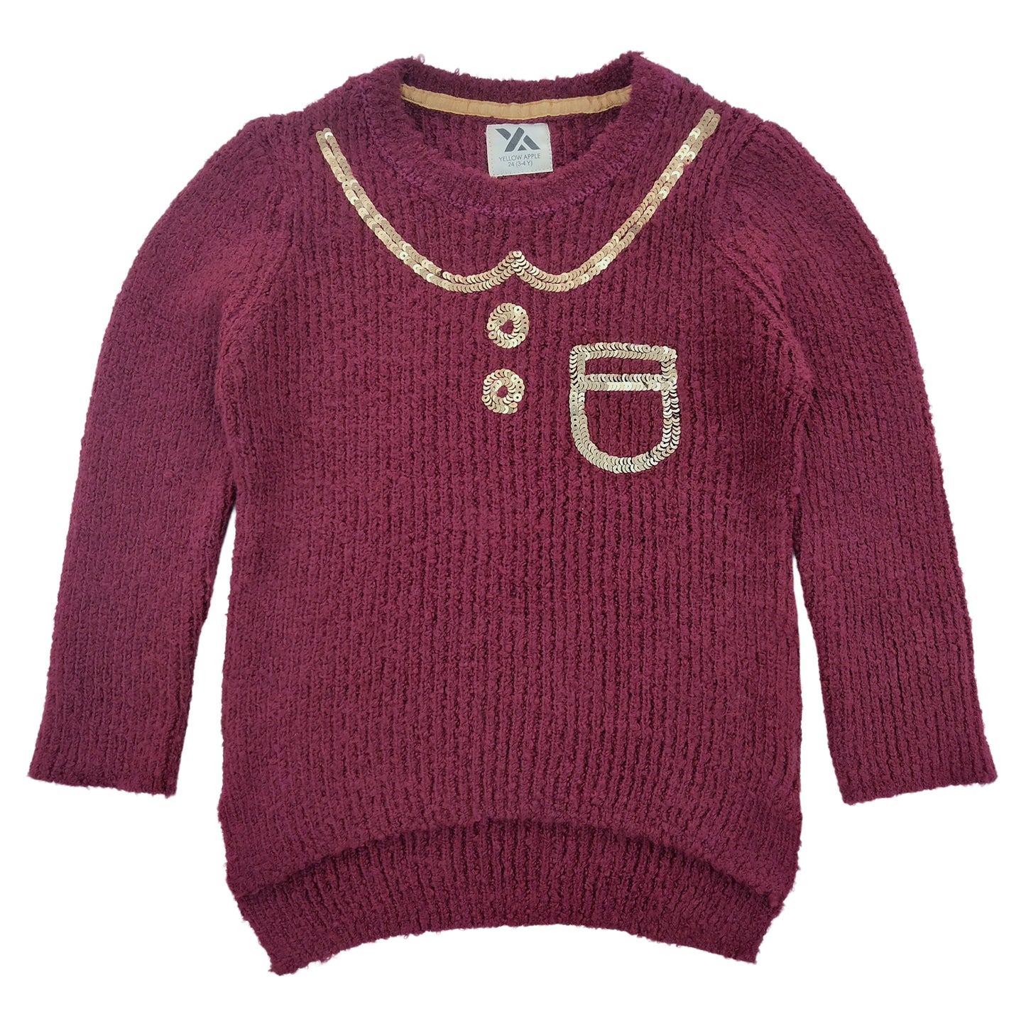Yellow Apple- Girls Self Design Round Neck Full Sleeves Sweater Maroon Color