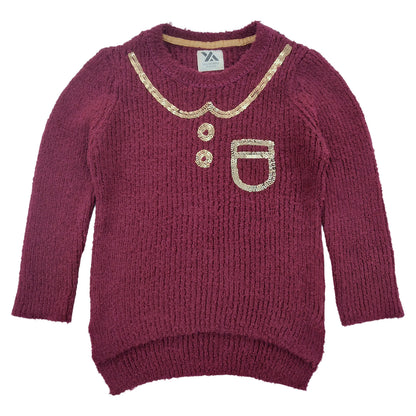 Yellow Apple- Girls Self Design Round Neck Full Sleeves Sweater Maroon Color
