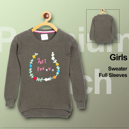 Girls Self Design, Embroidered Round Neck Green Sweater