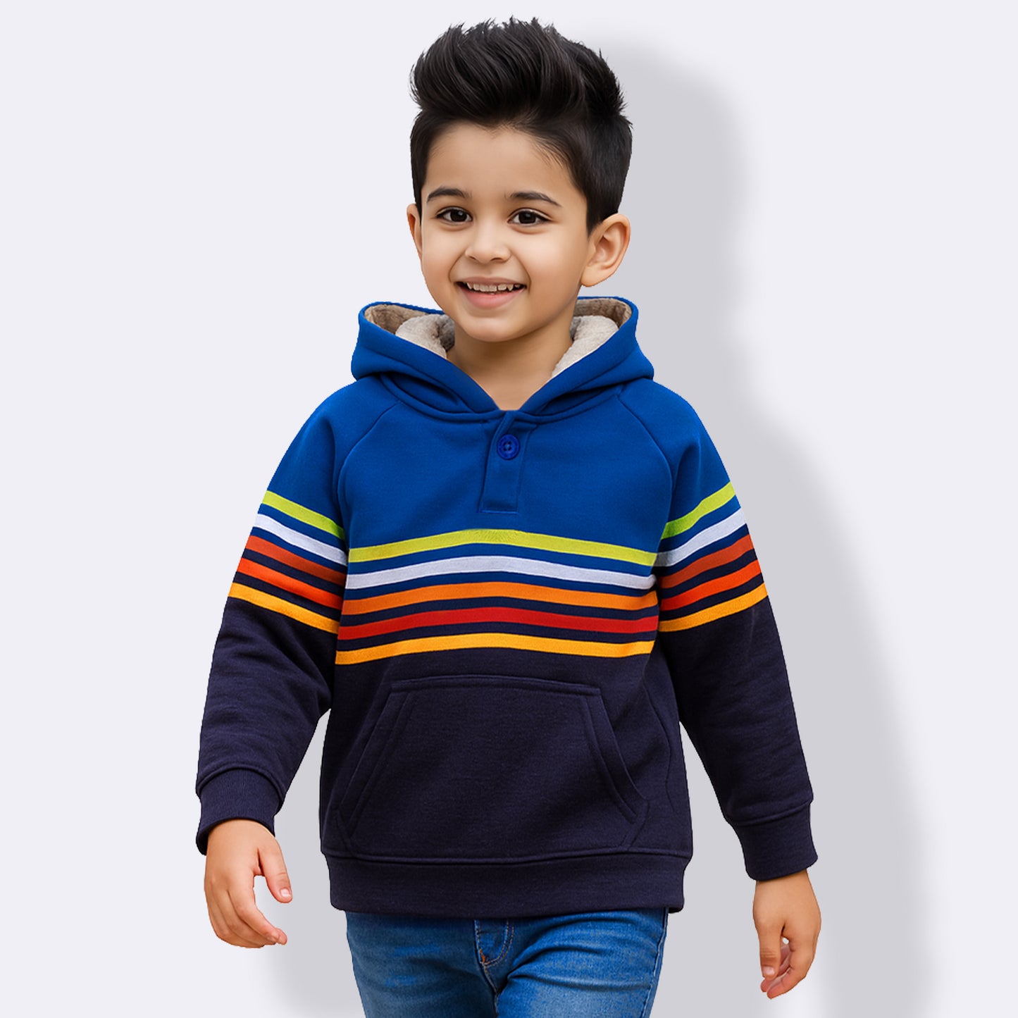 Yellow Apple- Trendy Kids’ Blue Rainbow Stripe Hoodie – Cozy Winter Wear for Boys