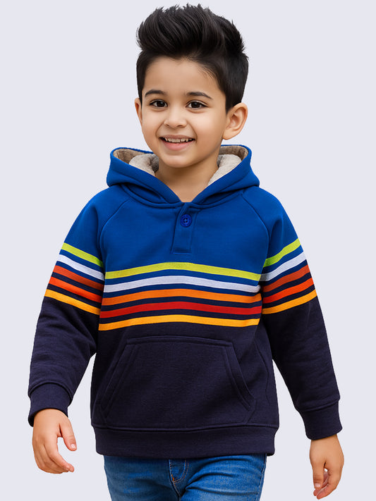 Yellow Apple- Trendy Kids’ Blue Rainbow Stripe Hoodie – Cozy Winter Wear for Boys