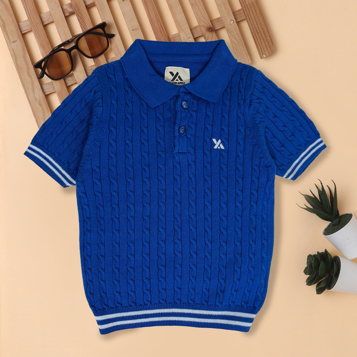 Boys Cable Knit Polo T-Shirt, Soft Cotton Half Sleeve Collar Tee for Boys, Casual Summer Wear