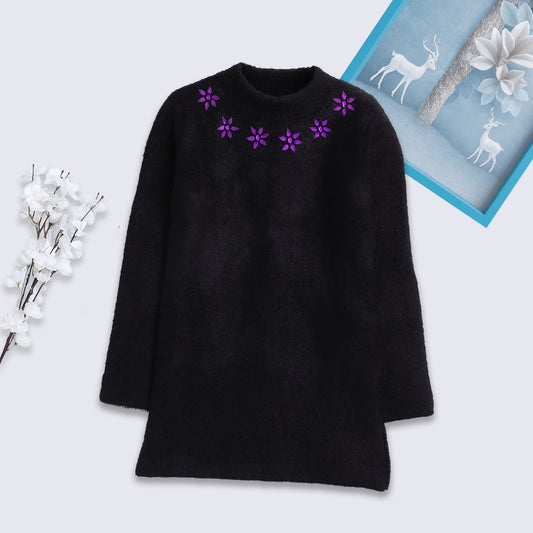 Yellow Apple Girls Woolen Sweater Cardigan – Black | Full Sleeve, Round Neck, Warm Winter Wear for Kids