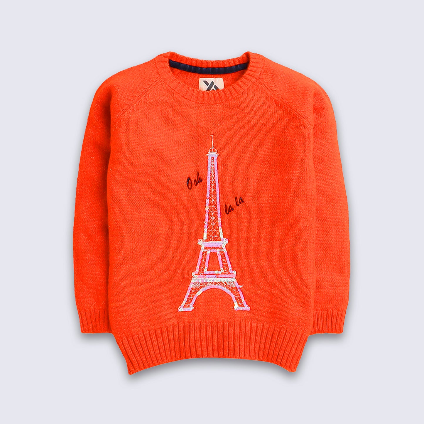 Baby Girls Embroidered Round Neck Orange Sweater