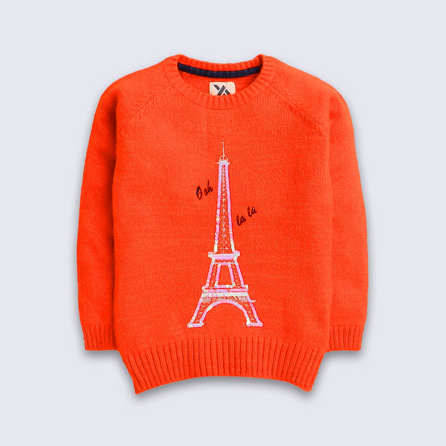 Baby Girls Embroidered Round Neck Orange Sweater
