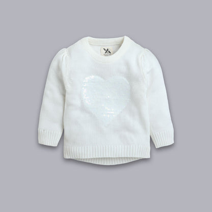 Girls Solid Round Neck White Sweater