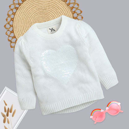 Girls Solid Round Neck White Sweater