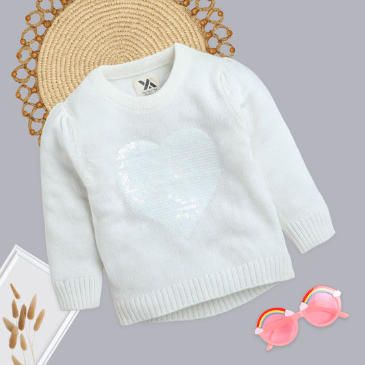 Girls Solid Round Neck White Sweater