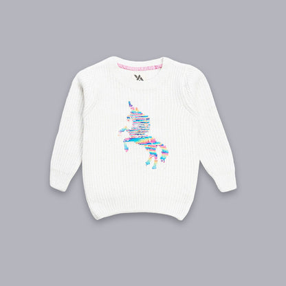 Girls Self Design Round Neck  Sweater