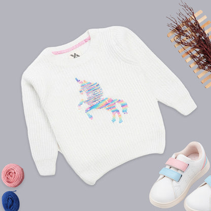 Girls Self Design Round Neck  Sweater