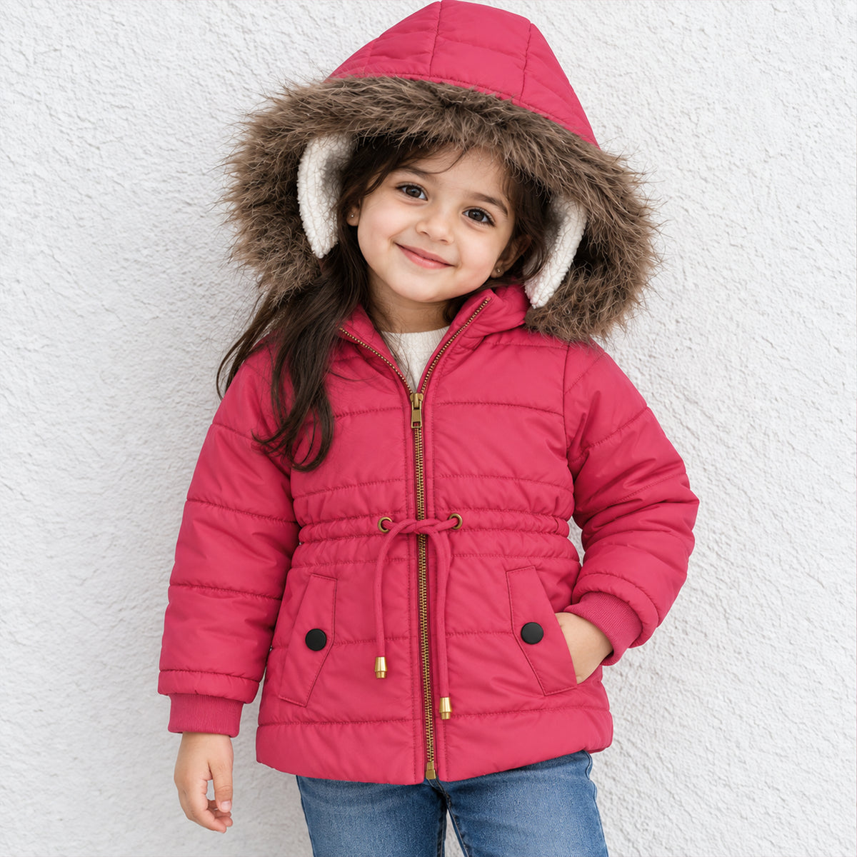 Girls’ Hooded Winter Coat with Faux Fur Trim – Warm Padded Jacket