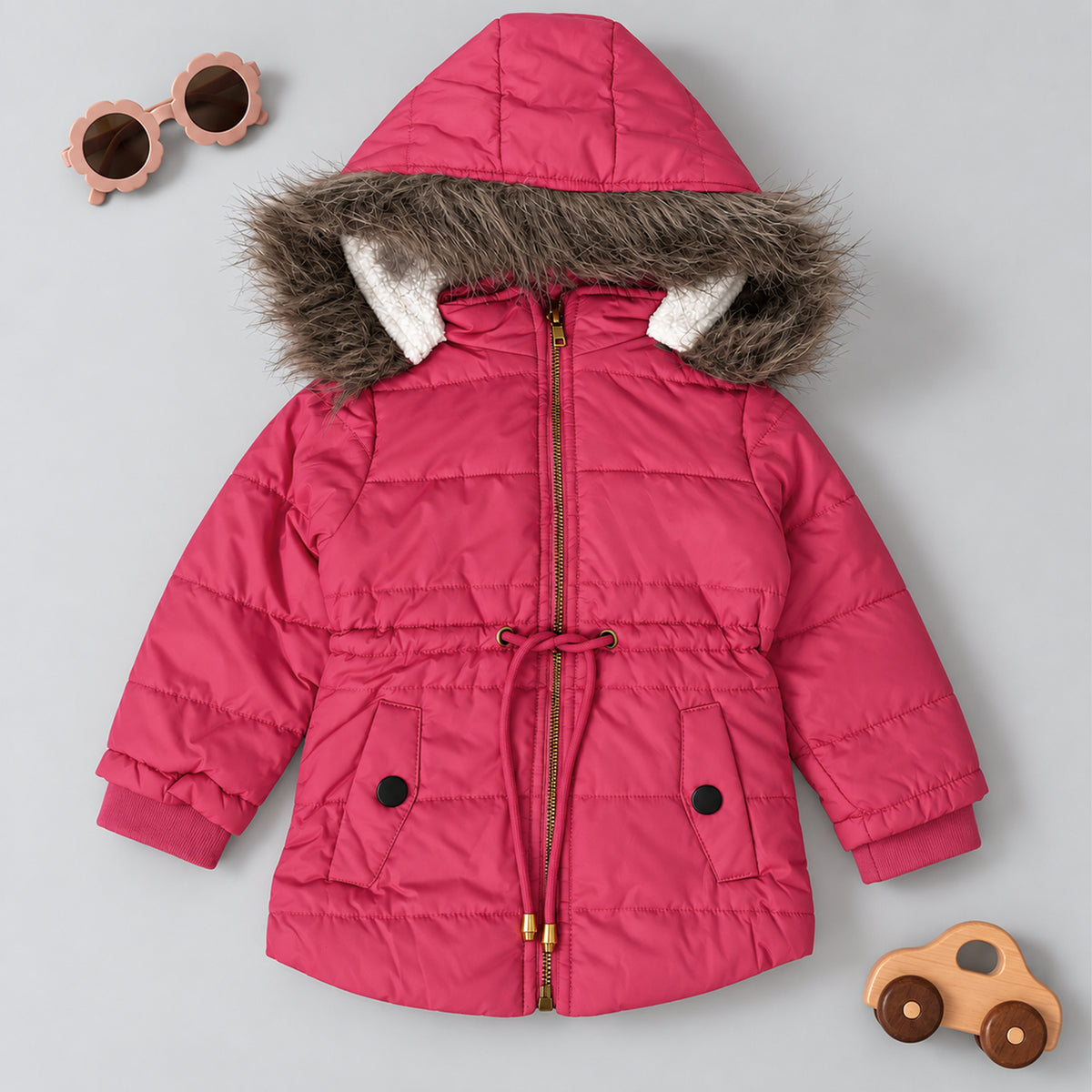 Girls’ Hooded Winter Coat with Faux Fur Trim – Warm Padded Jacket