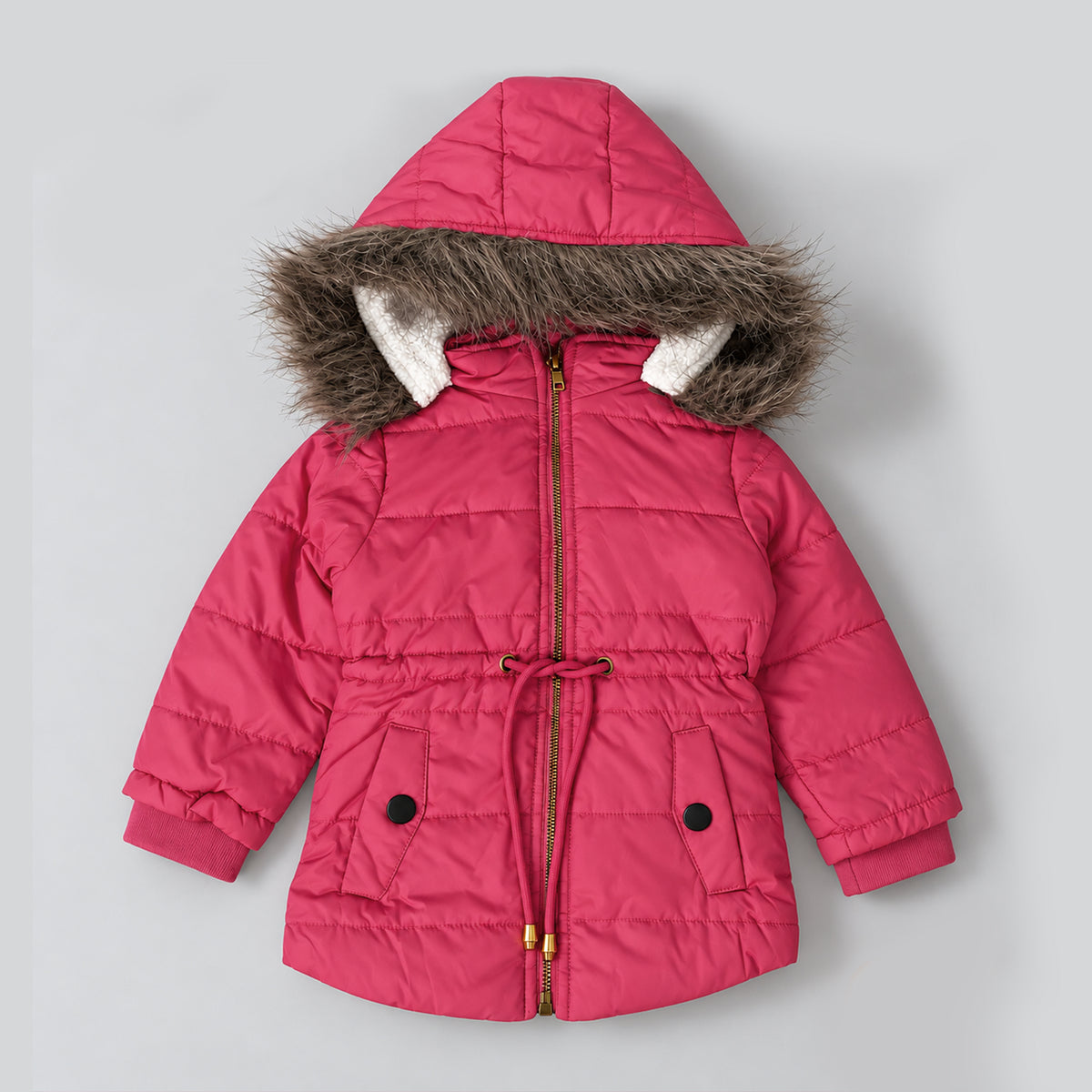 Girls’ Hooded Winter Coat with Faux Fur Trim – Warm Padded Jacket