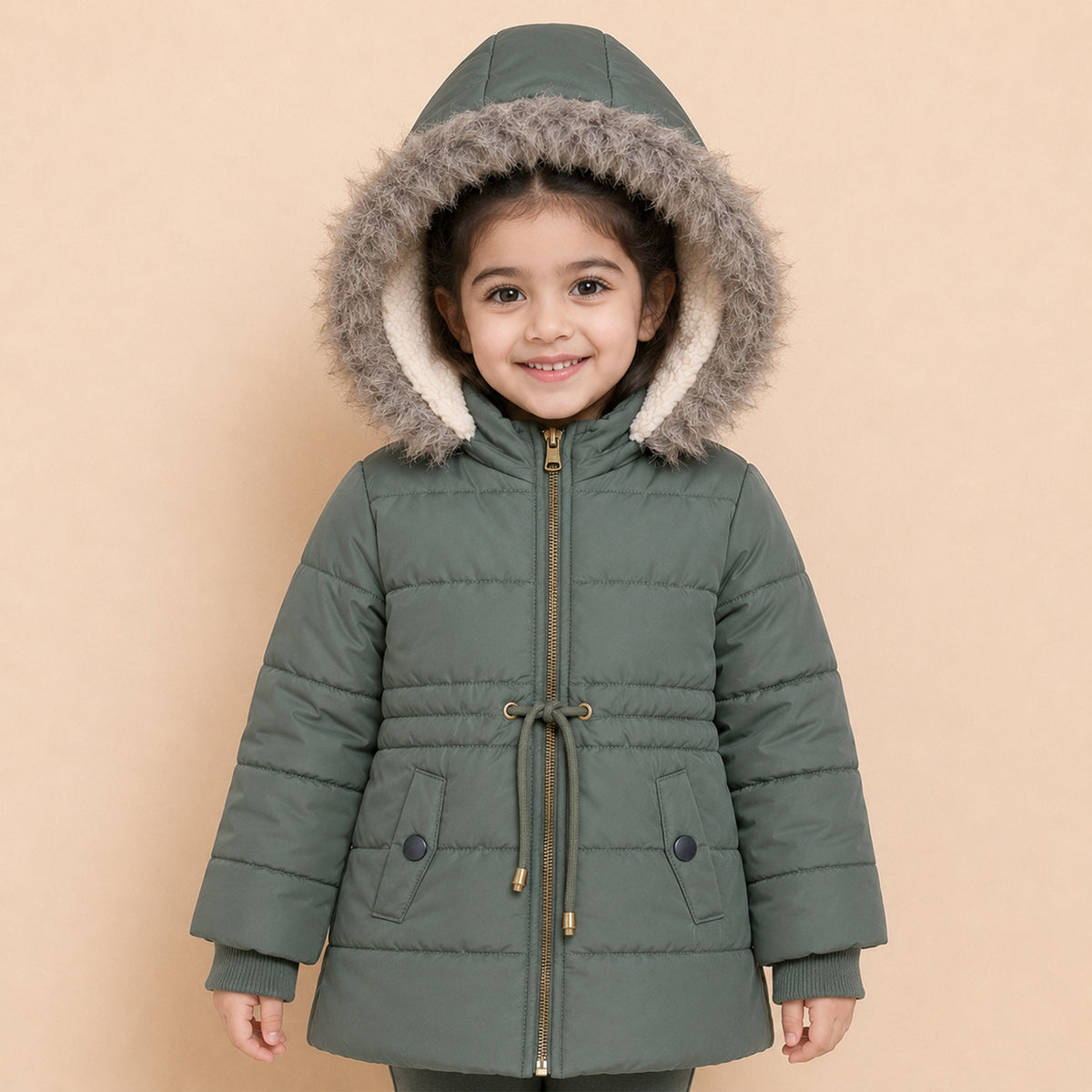 Girls’ Hooded Winter Coat with Faux Fur Trim – Warm Padded Jacket