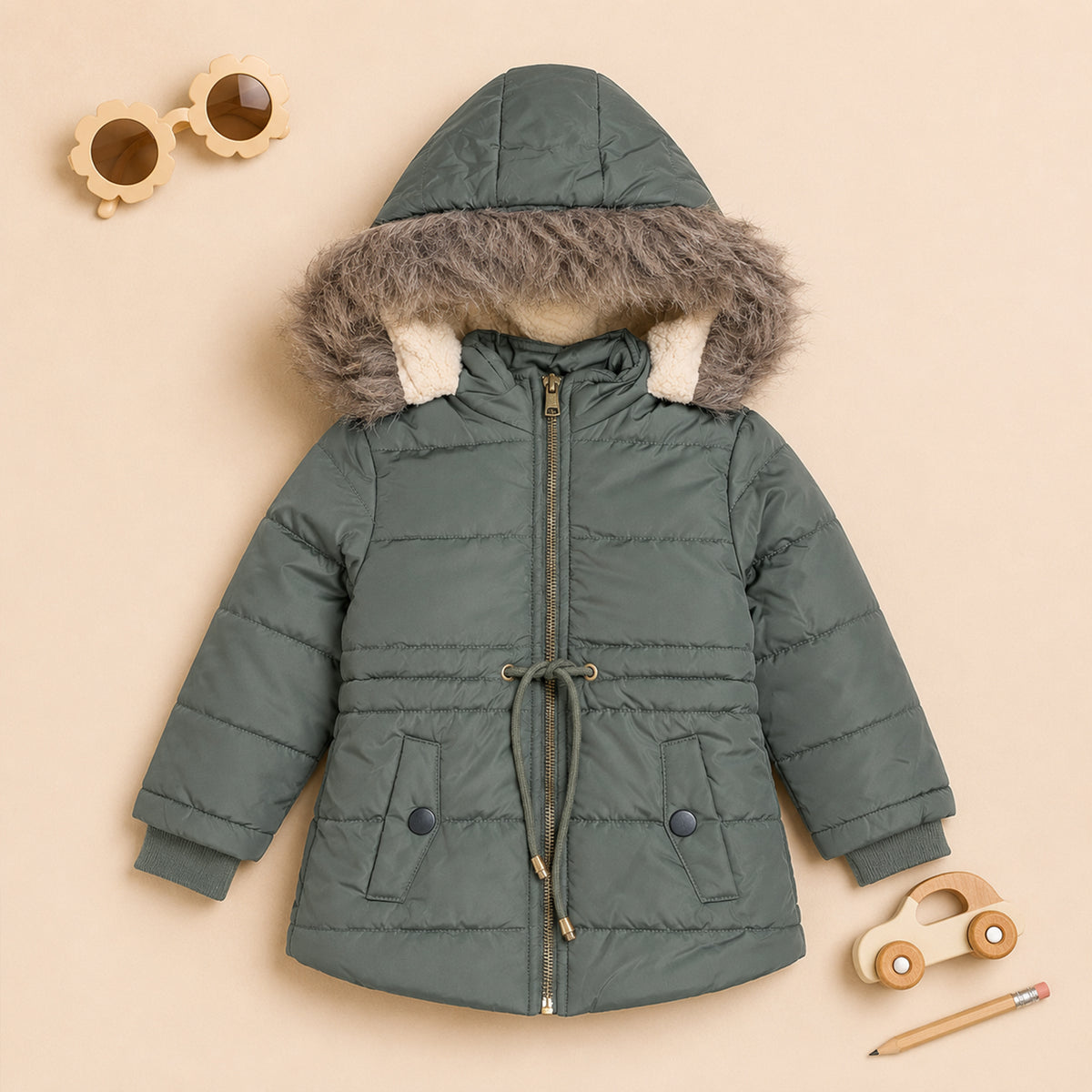 Girls’ Hooded Winter Coat with Faux Fur Trim – Warm Padded Jacket