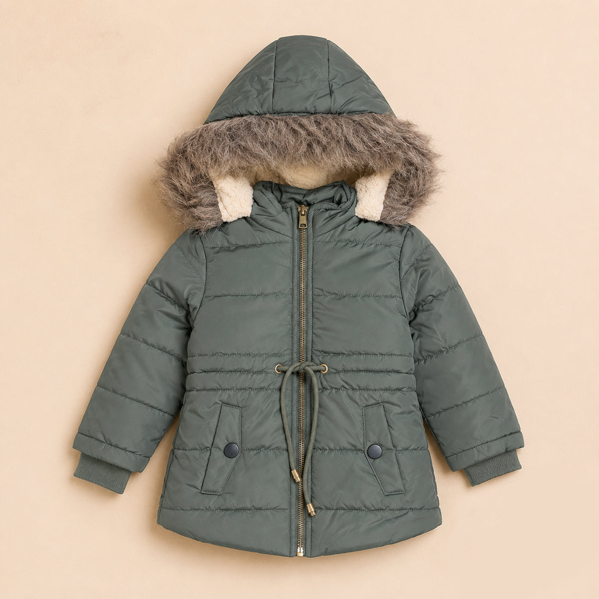 Girls’ Hooded Winter Coat with Faux Fur Trim – Warm Padded Jacket