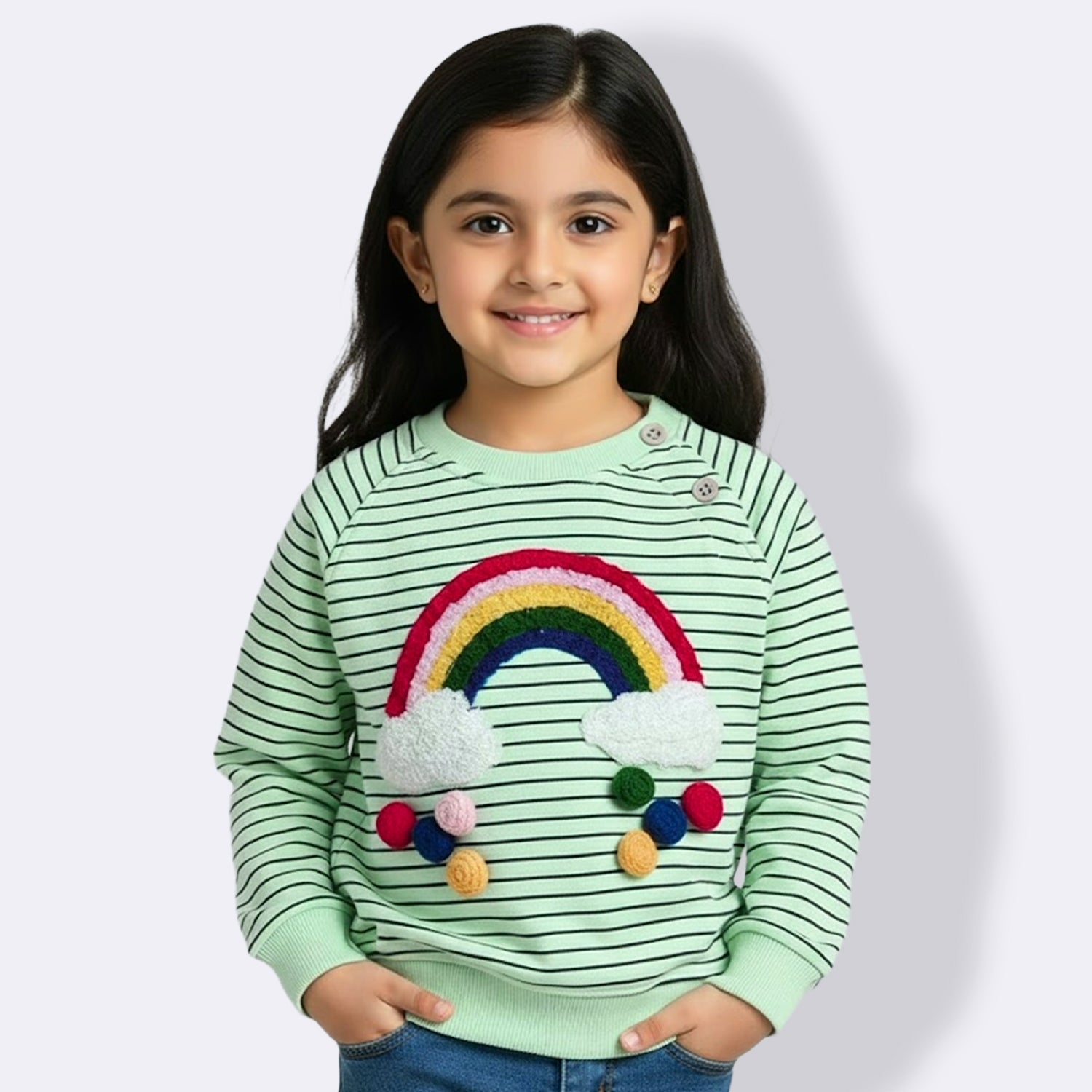 Adorable Kids Sweatshirt with Rainbow & Cloud Embroidery