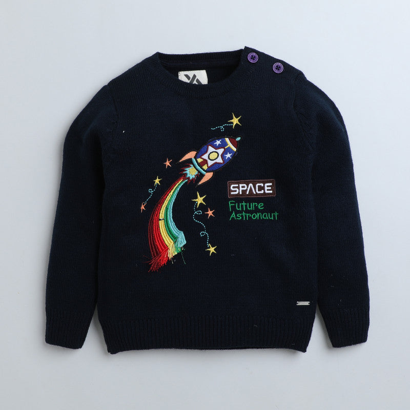 Kids Rocket Embroidered Knitted Sweater | Soft Full Sleeve Winter Pullover for Boys