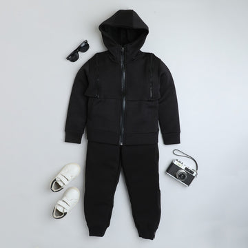 Kids Black 2-in-1 Convertible Hooded Tracksuit Set | Detachable Zip-Off Sleeves