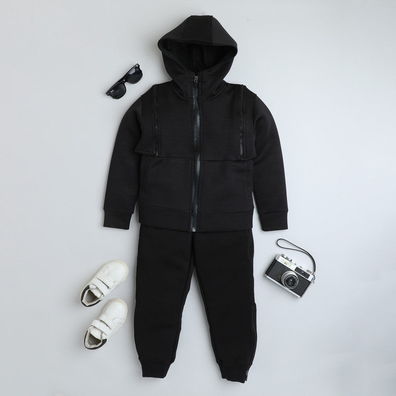 Kids Black 2-in-1 Convertible Hooded Tracksuit Set | Detachable Zip-Off Sleeves