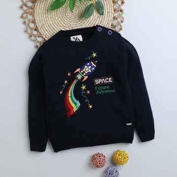 Kids Rocket Embroidered Knitted Sweater | Soft Full Sleeve Winter Pullover for Boys