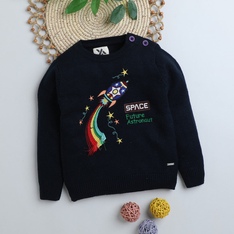 Kids Rocket Embroidered Knitted Sweater | Soft Full Sleeve Winter Pullover for Boys
