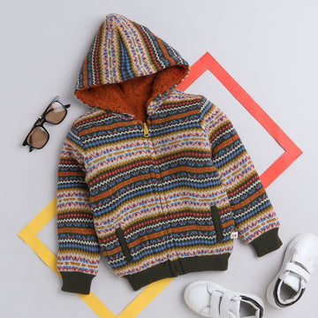 Boys Fair Isle Hooded Knit Jacket | Soft Warm Zip-Up Full Sleeve Fleece-Lined Winter Sweater with Hood | Cozy Kids Winter Wear