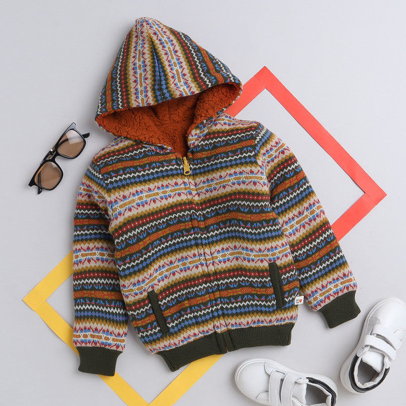 Boys Fair Isle Hooded Knit Jacket | Soft Warm Zip-Up Full Sleeve Fleece-Lined Winter Sweater with Hood | Cozy Kids Winter Wear
