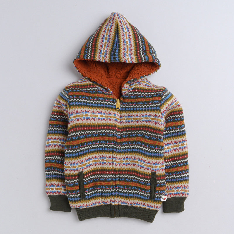 Boys Fair Isle Hooded Knit Jacket | Soft Warm Zip-Up Full Sleeve Fleece-Lined Winter Sweater with Hood | Cozy Kids Winter Wear