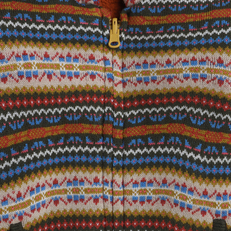 Boys Fair Isle Hooded Knit Jacket | Soft Warm Zip-Up Full Sleeve Fleece-Lined Winter Sweater with Hood | Cozy Kids Winter Wear
