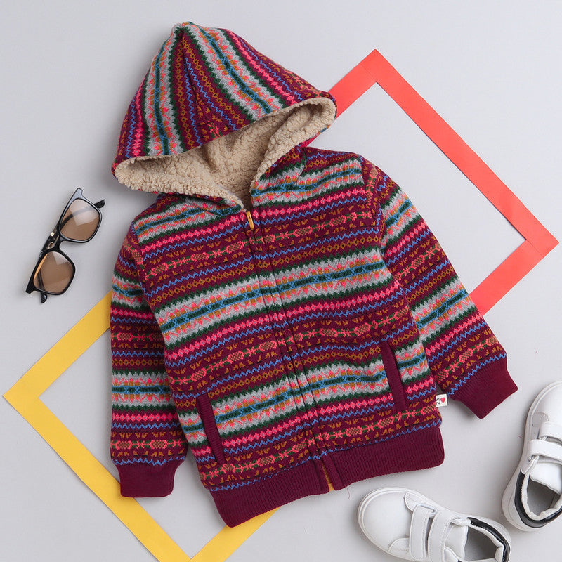 Boys Fair Isle Hooded Knit Jacket | Soft Warm Zip-Up Full Sleeve Fleece-Lined Winter Sweater with Hood | Cozy Kids Winter Wear