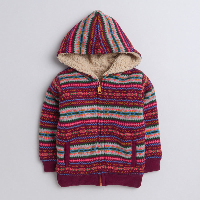 Boys Fair Isle Hooded Knit Jacket | Soft Warm Zip-Up Full Sleeve Fleece-Lined Winter Sweater with Hood | Cozy Kids Winter Wear