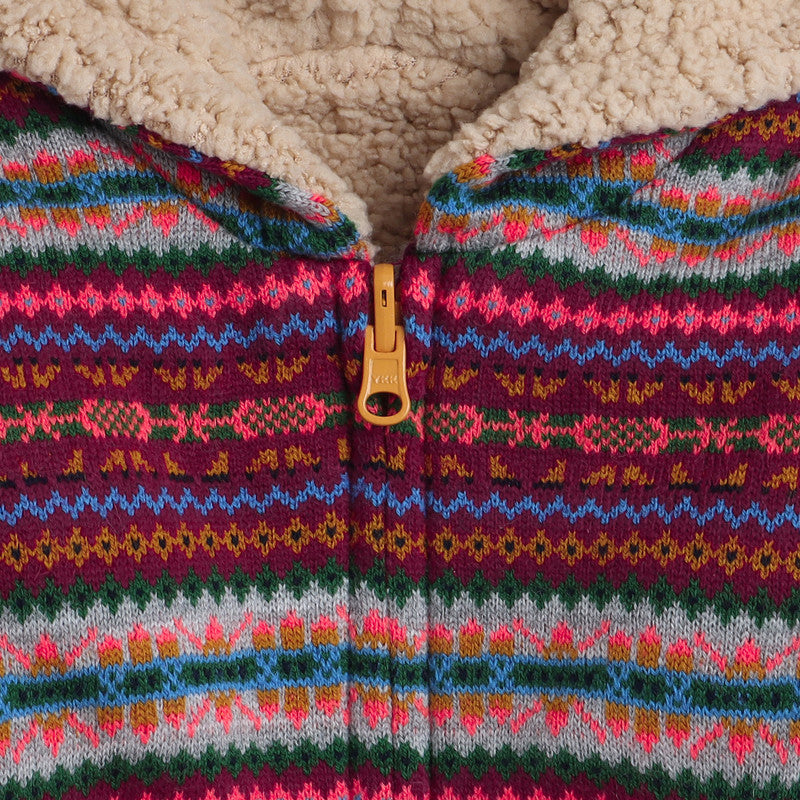 Boys Fair Isle Hooded Knit Jacket | Soft Warm Zip-Up Full Sleeve Fleece-Lined Winter Sweater with Hood | Cozy Kids Winter Wear