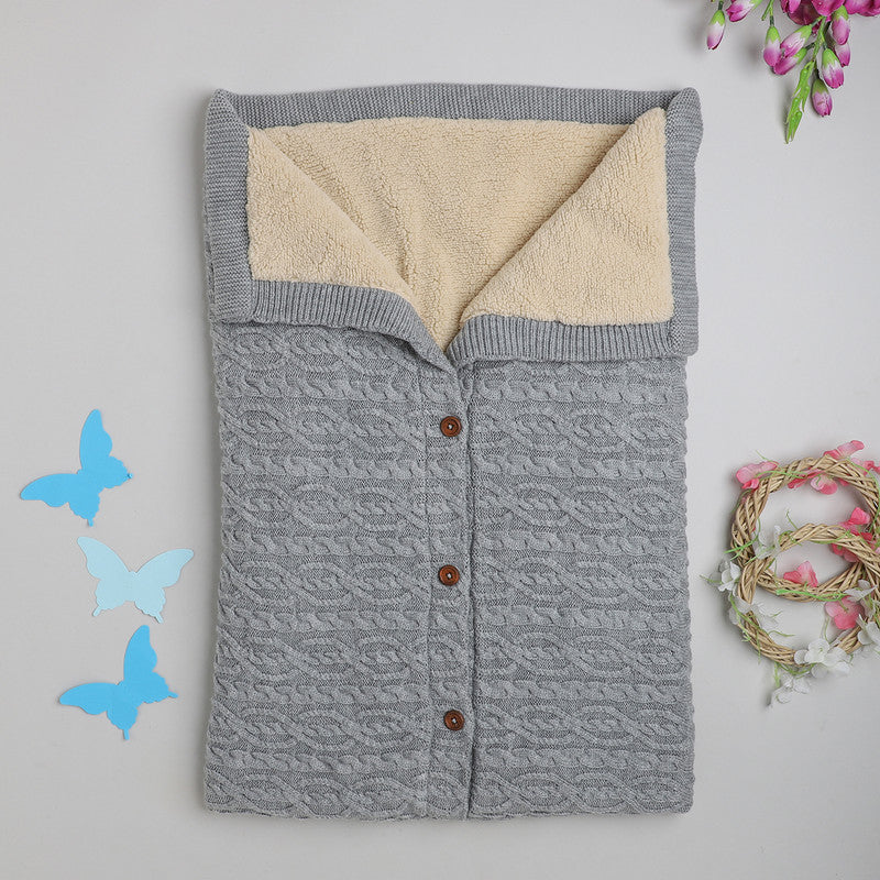 Baby Winter Knitted Blanket | Soft Cable Knit Sherpa Fleece Blanket with Button Closure | Warm Swaddle, Stroller & Crib Blanket