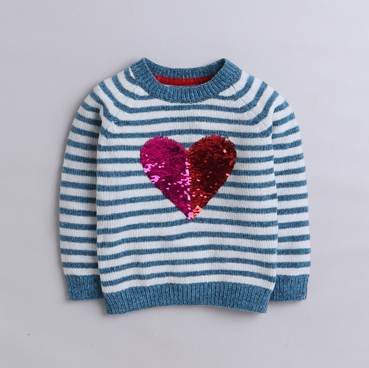 Girl Striped Sweater | Sequin Heart Design | Soft & Cozy Winter Wear