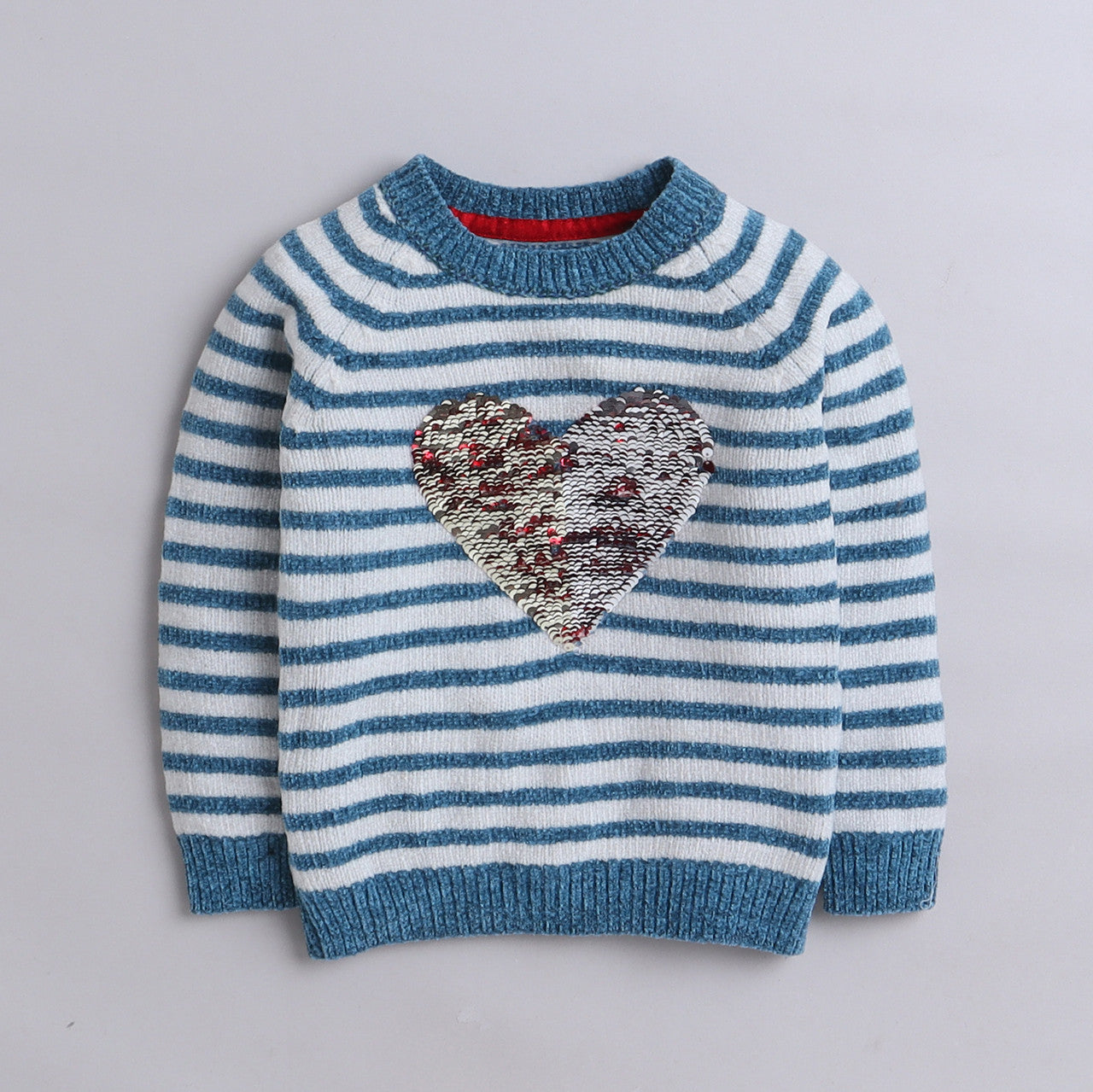 Girl Striped Sweater | Sequin Heart Design | Soft & Cozy Winter Wear