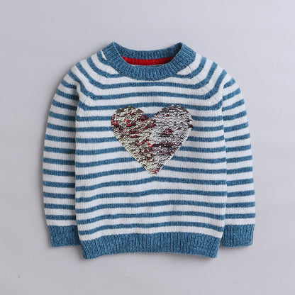 Yellow Apple- Girl Striped Sweater | Sequin Heart Design | Soft & Cozy Winter Wear
