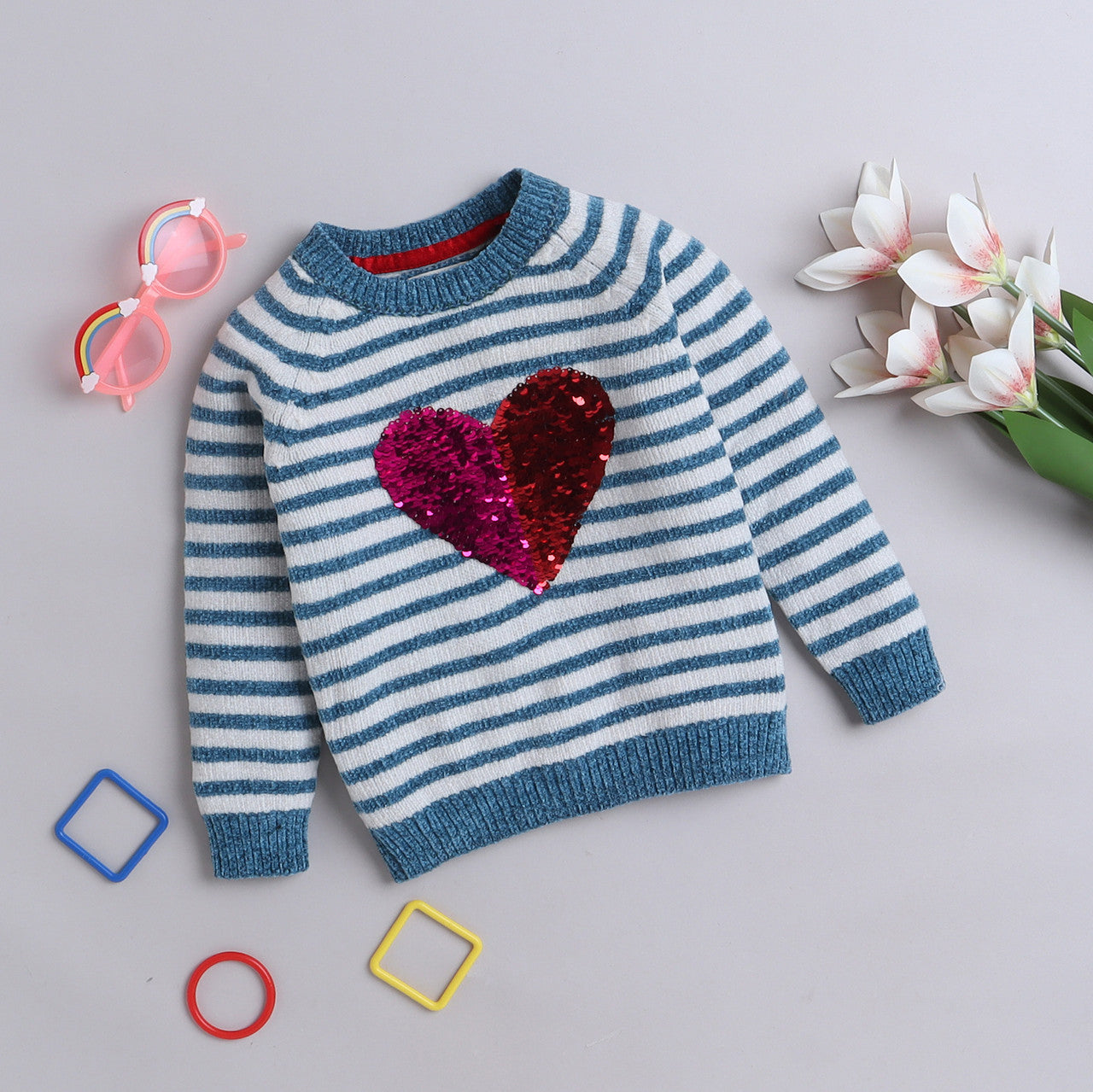 Girl Striped Sweater | Sequin Heart Design | Soft & Cozy Winter Wear