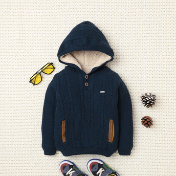 Boys Hooded Winter Jacket | Soft Zip-Up Sweater with Stylish Badge Work