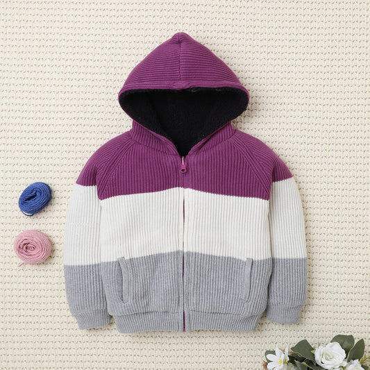 Yellow Apple-Cozy Kids’ Knitted Zip-Up Hoodie – Warm Winter Sweater for Girls