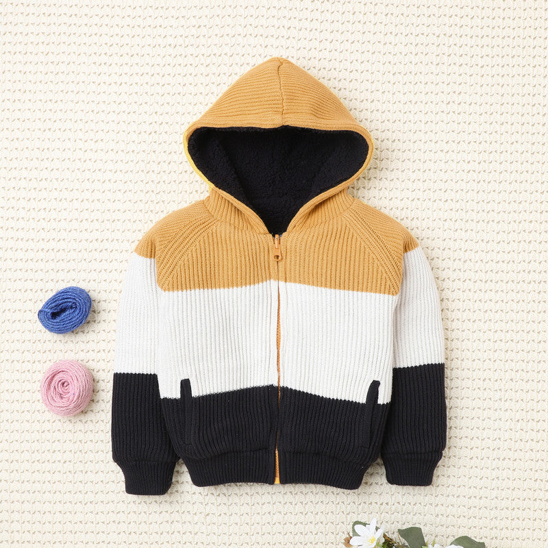 Yellow Apple-Cozy Kids’ Knitted Zip-Up Hoodie – Warm Winter Sweater for Girls