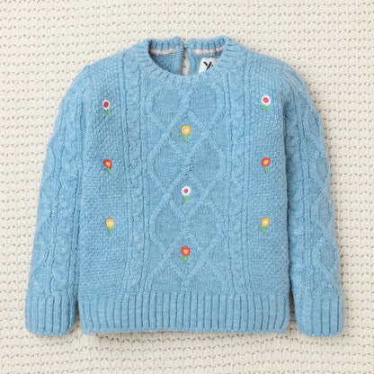 Yellow Apple-Cozy Cable Knit Sweater for Girls | Floral Embroidered Pullover | Soft Winter Wear