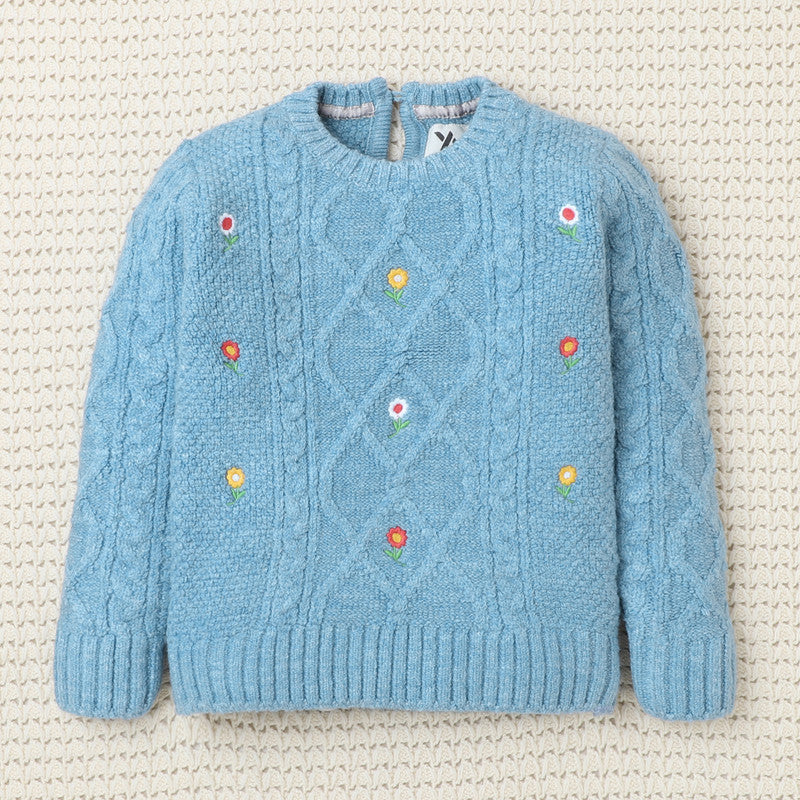 Cozy Cable Knit Sweater for Girls | Floral Embroidered Pullover | Soft Winter Wear