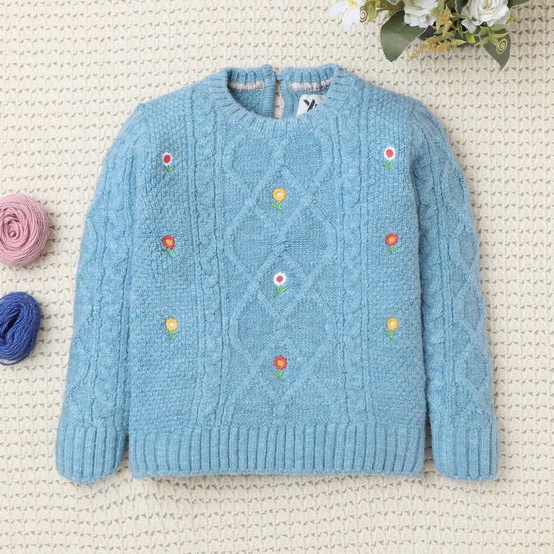 Yellow Apple-Cozy Cable Knit Sweater for Girls | Floral Embroidered Pullover | Soft Winter Wear